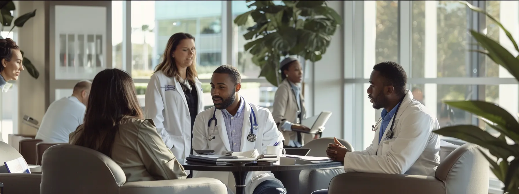 a group of medical professionals working together in a modern office in san diego.