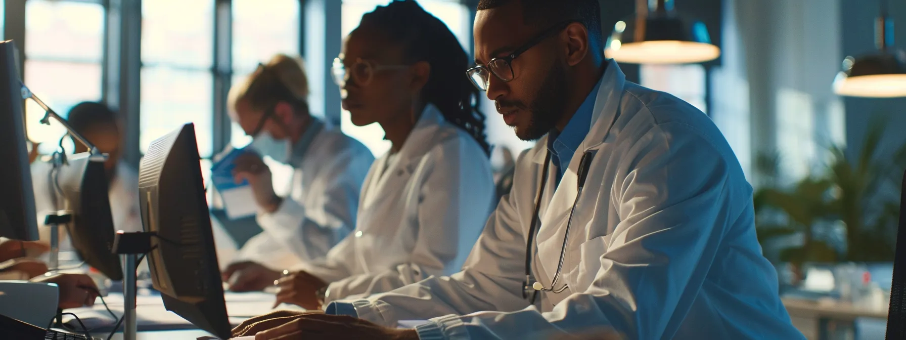 a group of professionals in white lab coats reviewing medical billing documents in a modern office setting.