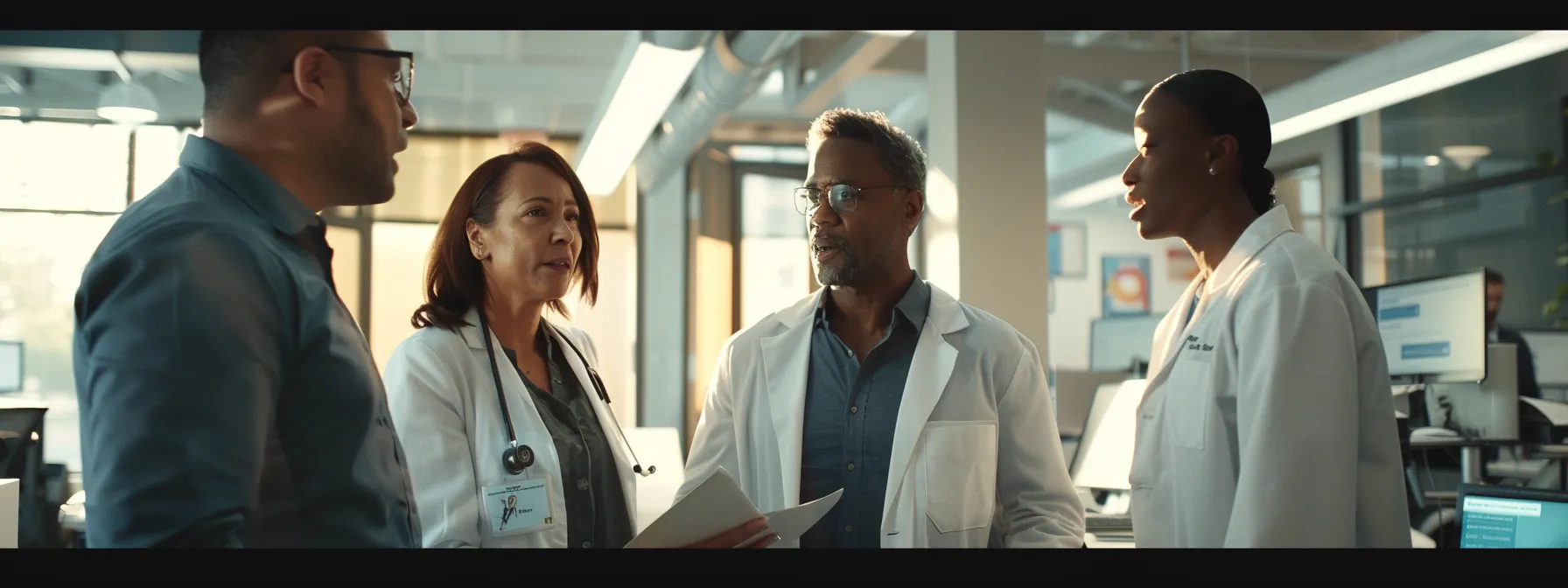 a group of healthcare professionals meticulously reviewing files and documents in a modern office setting.