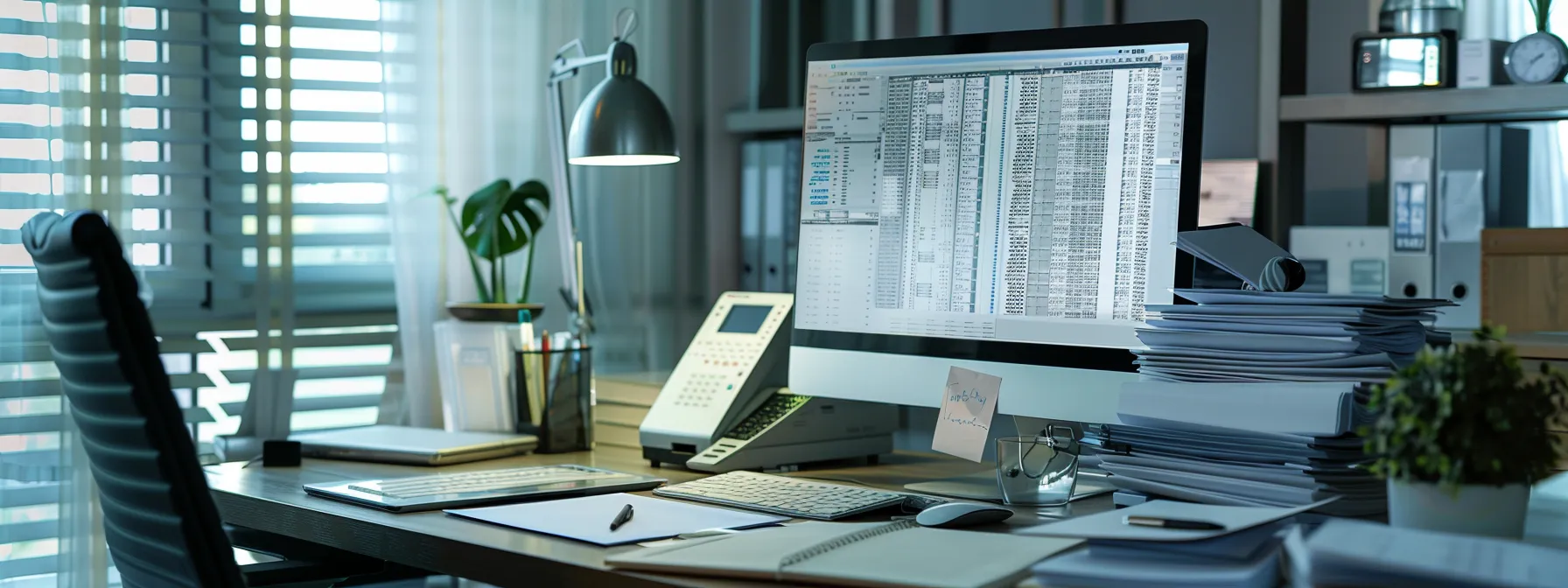 a modern office desk with a computer screen displaying detailed medical codes and a stack of invoices ready to be processed by efficient medical billing coders.