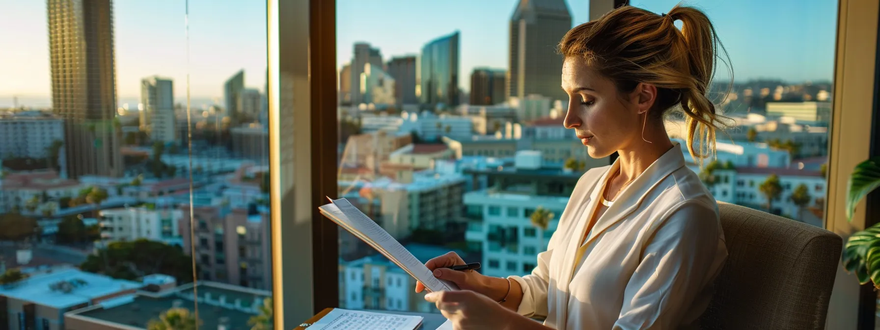 a professional woman in a modern office overlooking the picturesque san diego skyline, confidently reviewing organized medical billing documents.